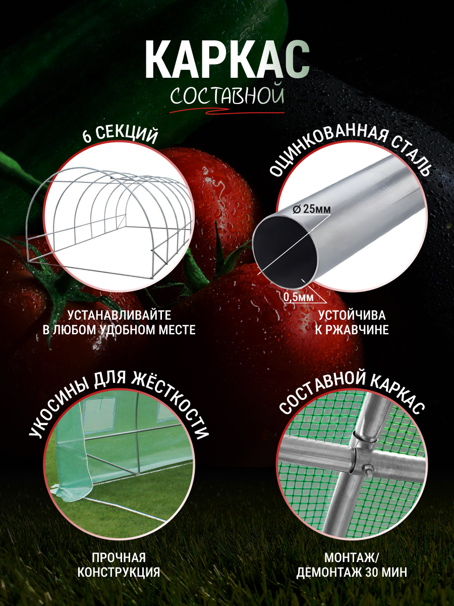 Теплица каркасная РостОК 6 x 3 x 2 метра (ø - 25мм) Теплица каркасная РостОК 6 x 3 x 2 метра (ø - 25мм)